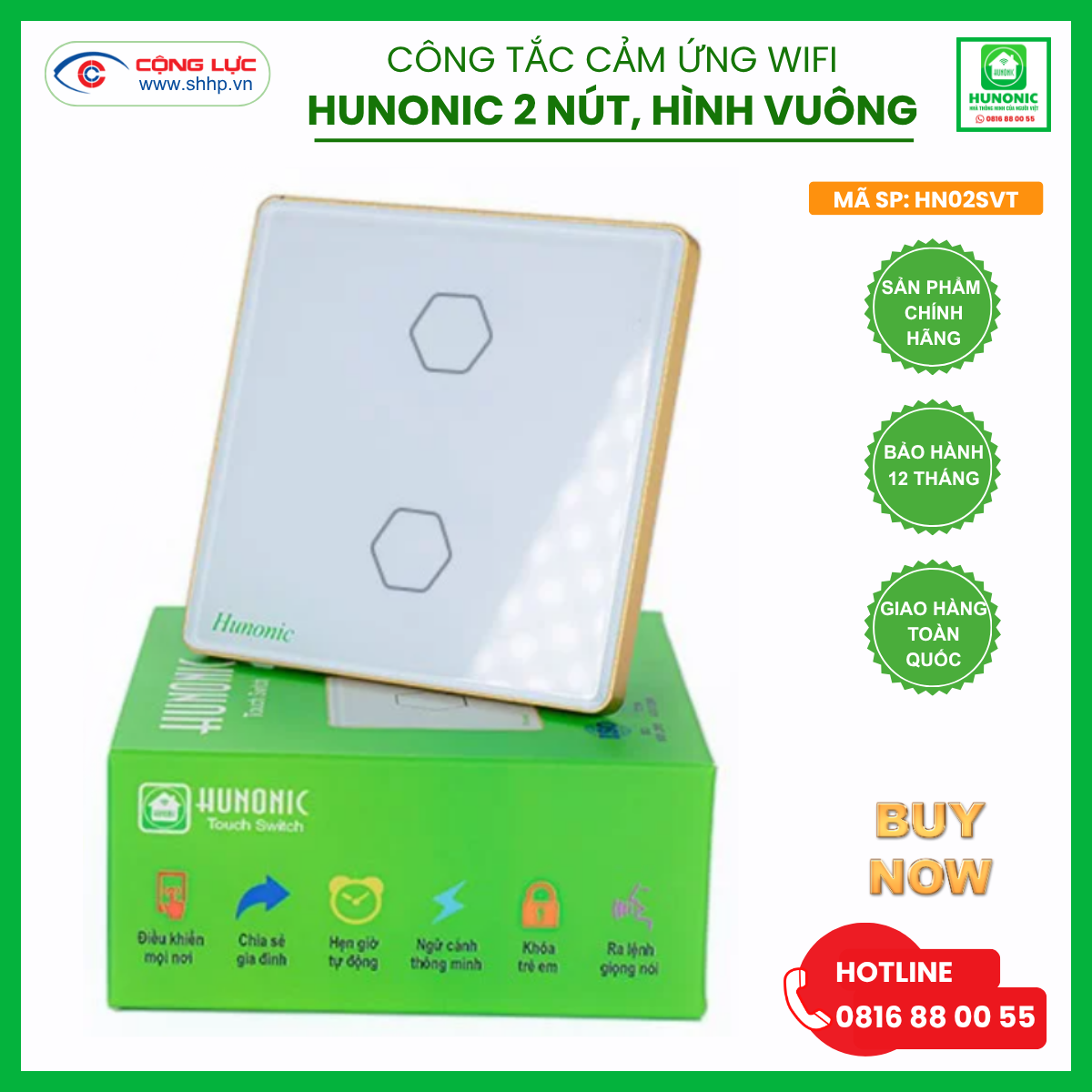 Công tắc Hunonic Wifi 2 nút hình vuông màu trắng