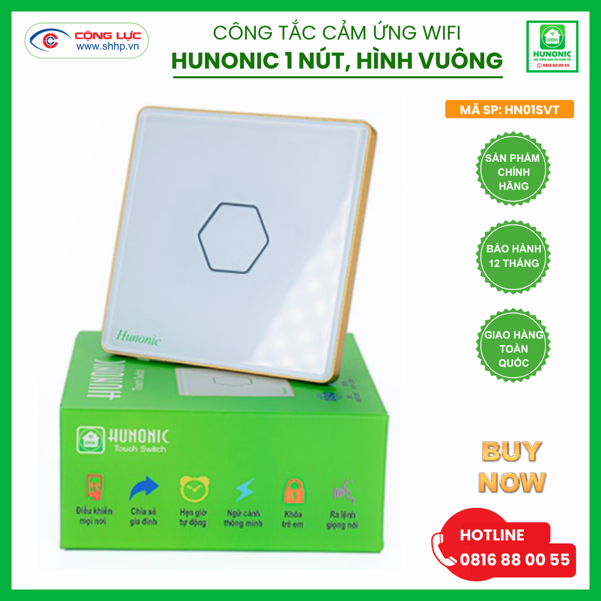 Công tắc Hunonic Wifi 1 nút hình vuông màu trắng