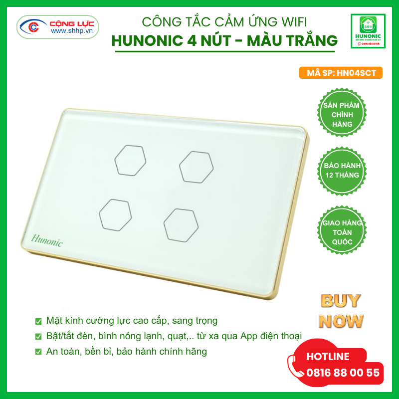 Công tắc Hunonic Wifi 4 nút hình chữ nhật màu trắng
