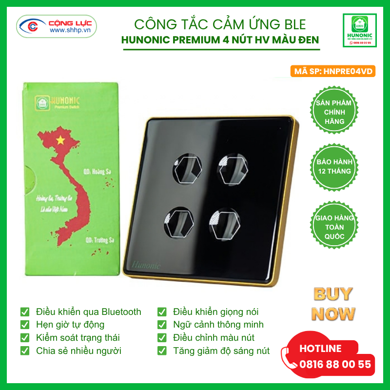 Công tắc Hunonic Premium 4 nút hình vuông màu đen