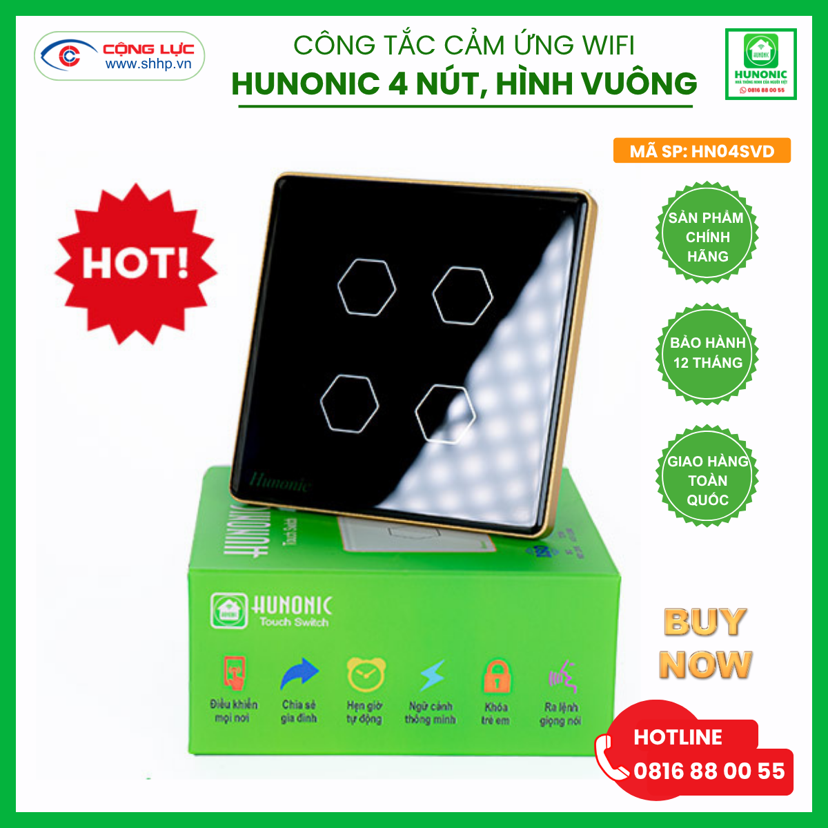 Công tắc Hunonic Wifi 4 nút hình vuông màu đen