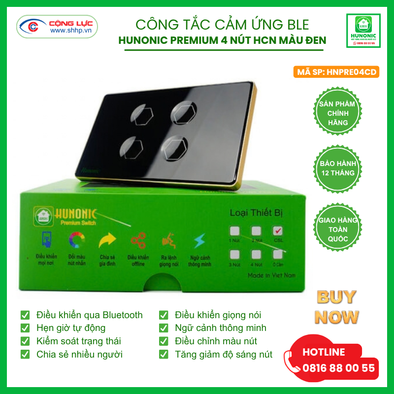 Công tắc Hunonic Premium 4 nút hình chữ nhật màu đen
