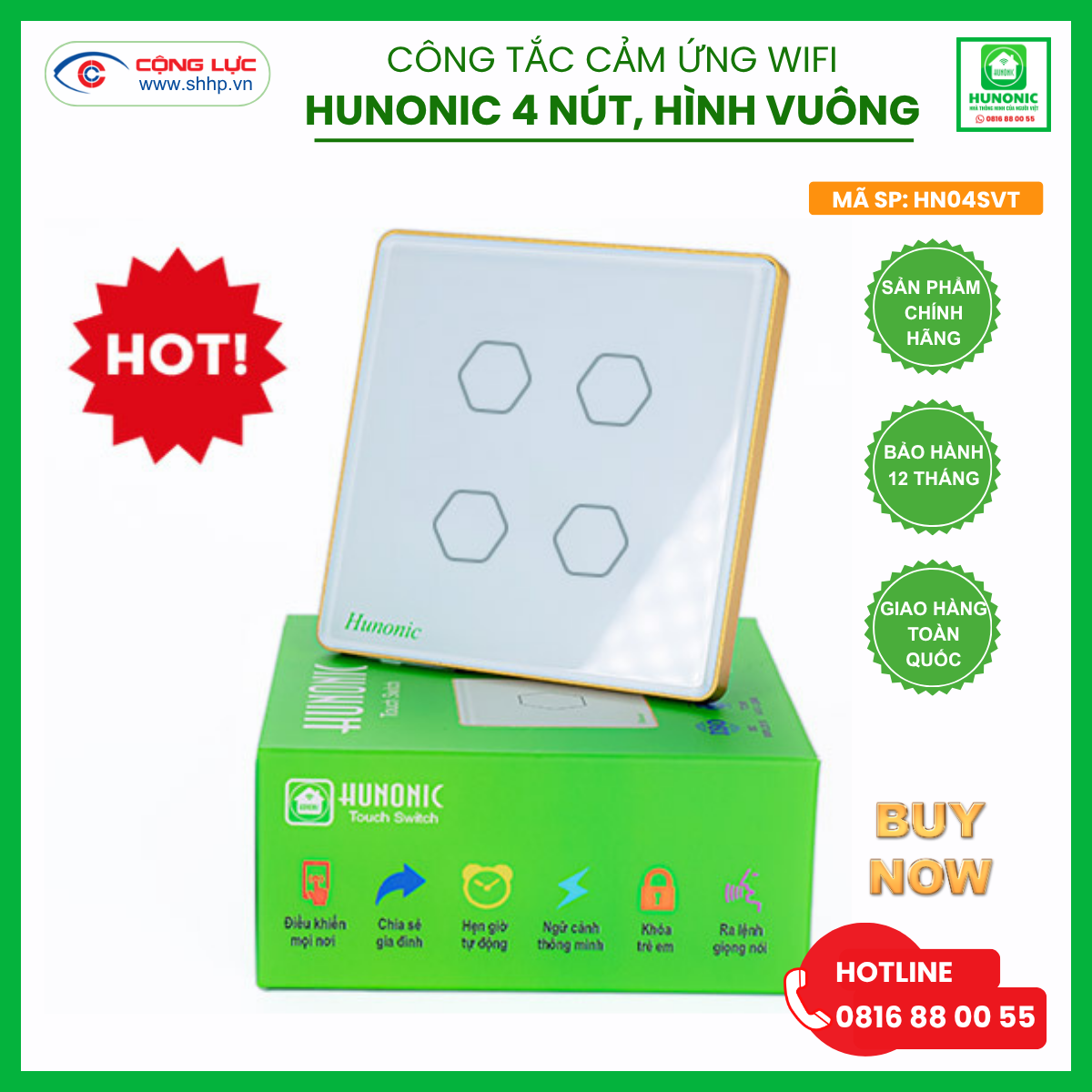 Công tắc Hunonic Wifi 4 nút hình vuông màu trắng