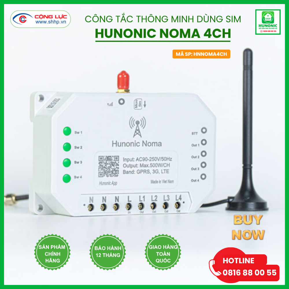 Công Tắc Hunonic Noma 4CH - Điều Khiển Mọi Thiết Bị Từ Xa Qua Điện Thoại Dùng SIM