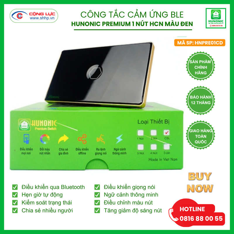Công tắc Hunonic Premium 1 nút hình chữ nhật màu đen
