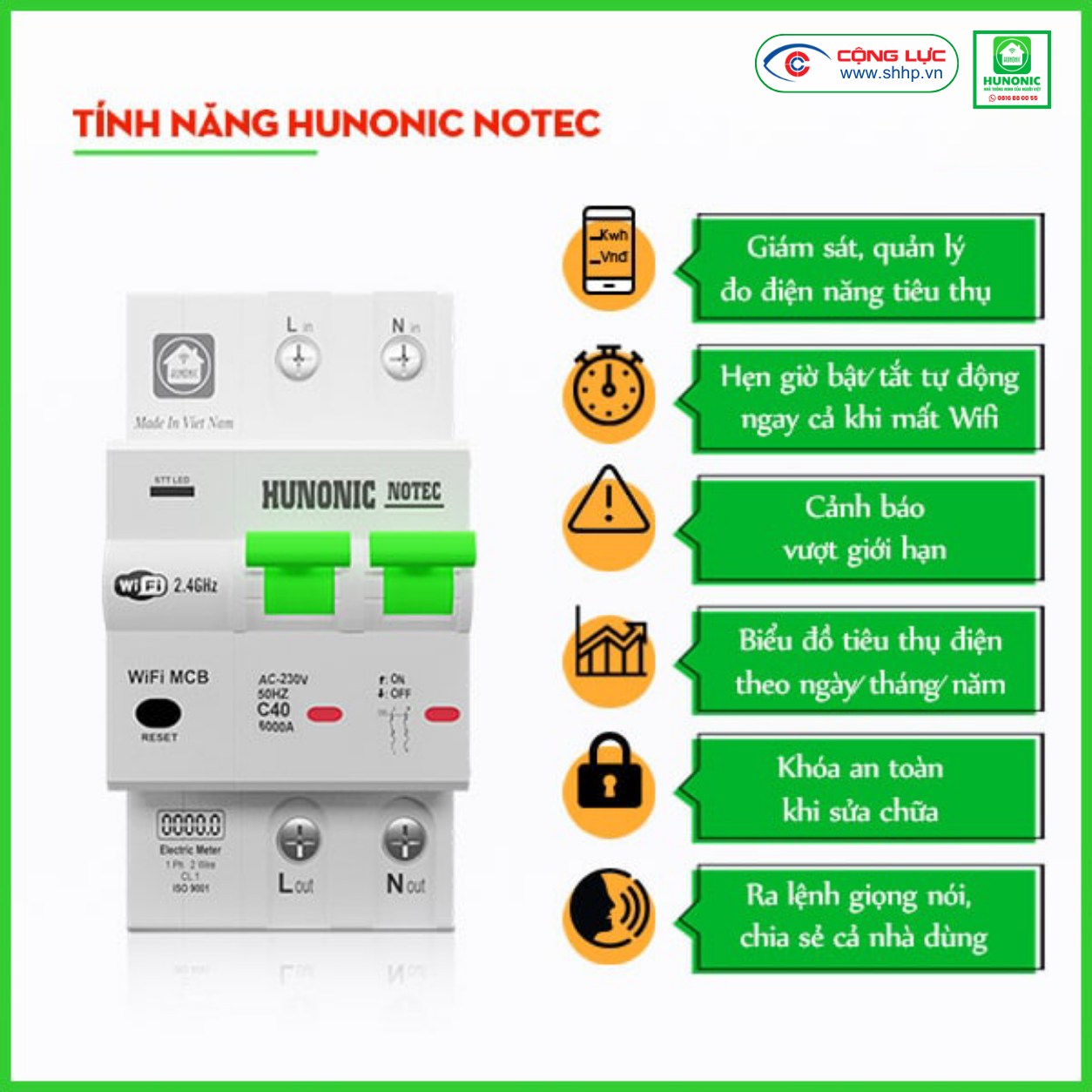 Aptomat Wifi đo năng lượng Hunonic Notec 40A/ 63A/ 80A