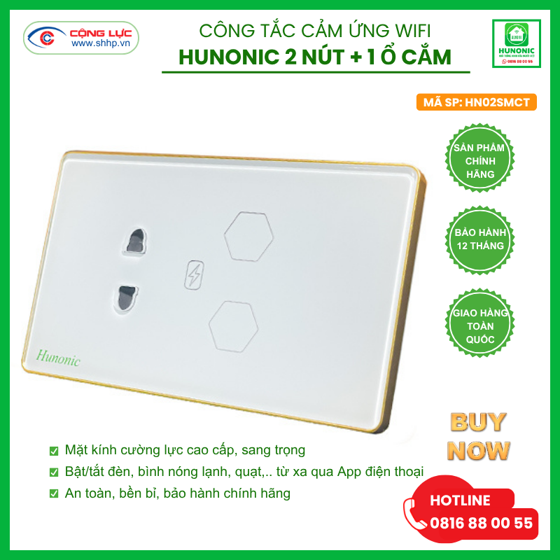 Công tắc Hunonic Wifi 2 trong 1 hình chữ nhật màu trắng