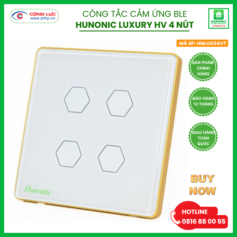 Công tắc Hunonic Luxury 4 nút hình vuông màu trắng