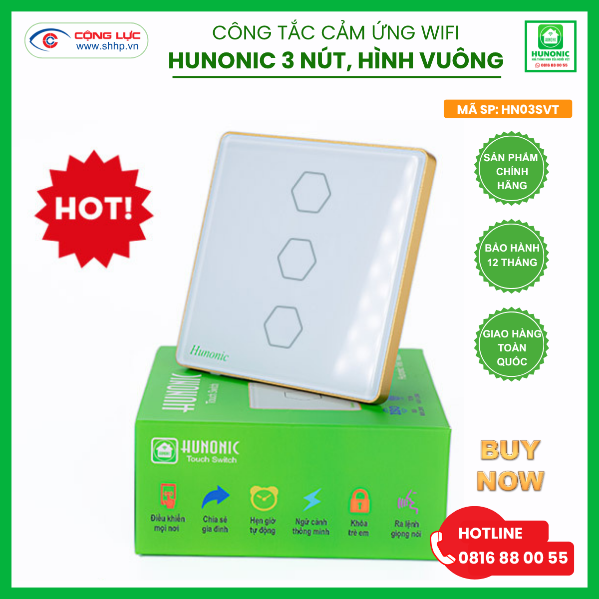 Công tắc Hunonic Wifi 3 nút hình vuông màu trắng