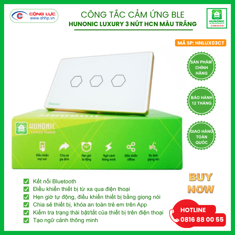 Công tắc Hunonic Luxury 3 nút hình chữ nhật màu trắng