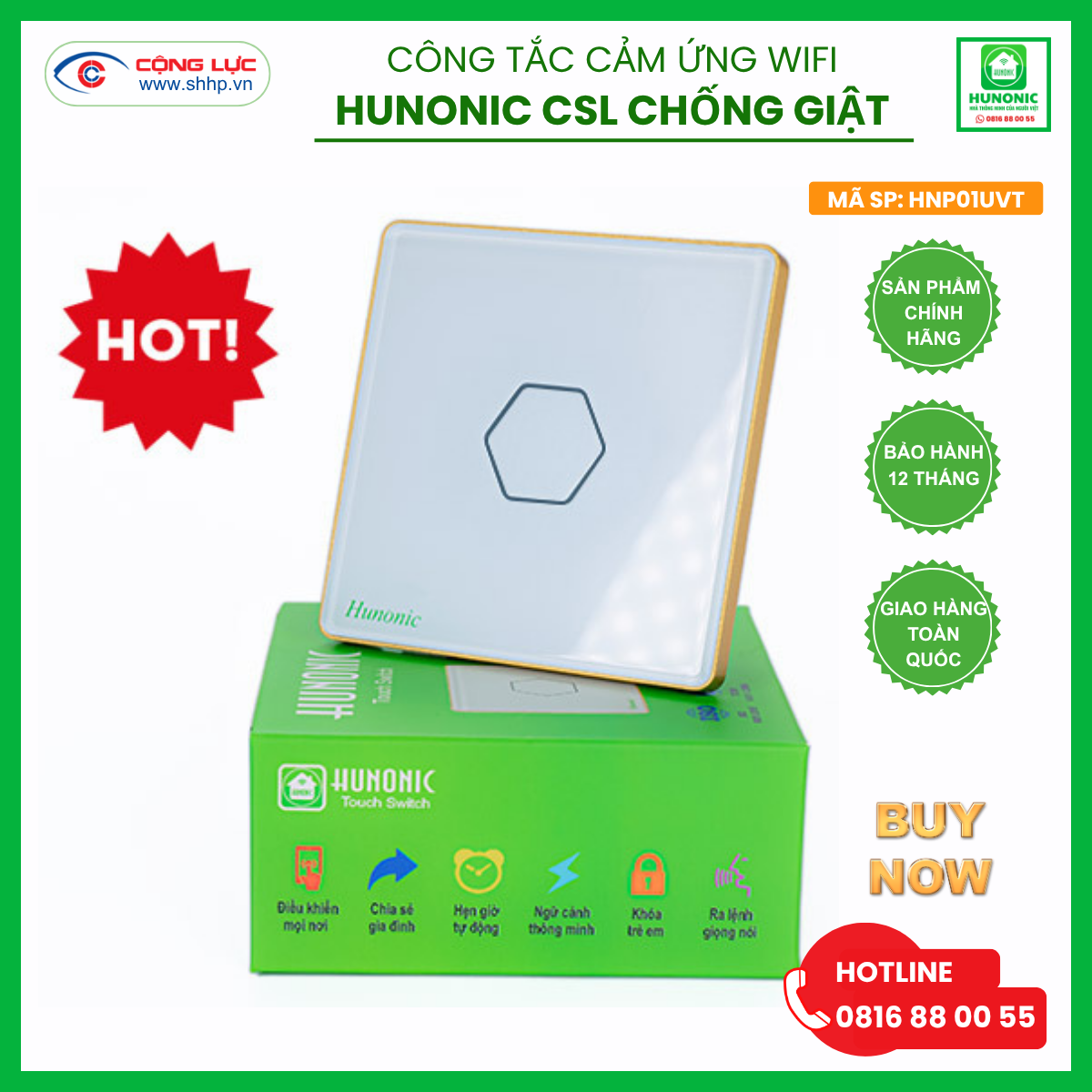 Công tắc Hunonic Wifi CSL hình vuông màu trắng
