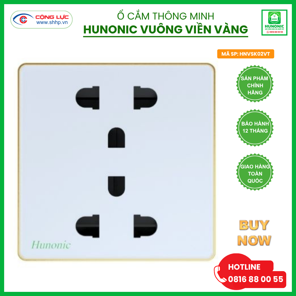 Ổ cắm Hunonic Vuông viền Vàng, màu Trắng