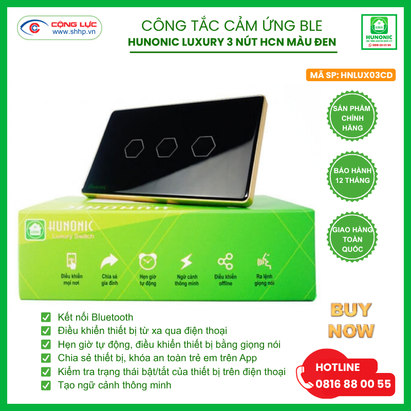 Công tắc Hunonic Luxury 3 nút hình chữ nhật màu đen
