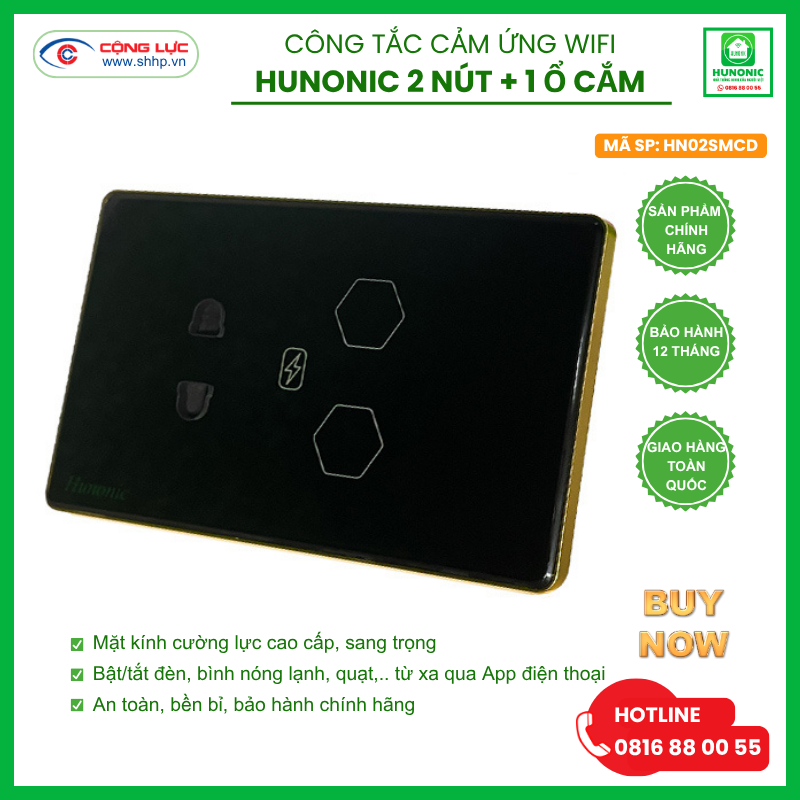 Công tắc Hunonic Wifi 2 trong 1 hình chữ nhật màu đen