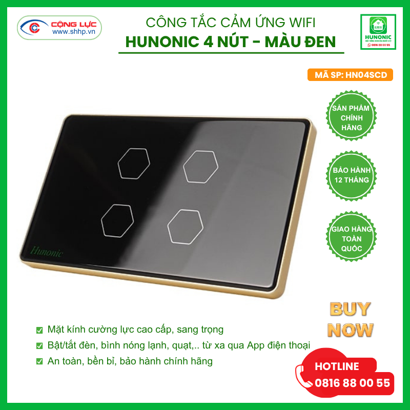 Công tắc Hunonic Wifi 4 nút hình chữ nhật màu đen