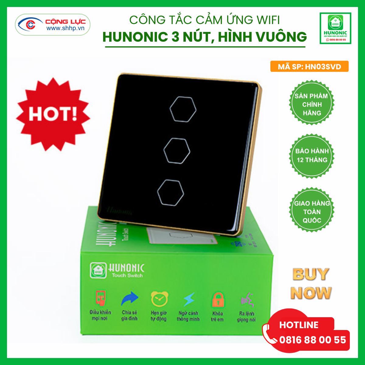 Công tắc Hunonic Wifi 3 nút hình vuông màu đen