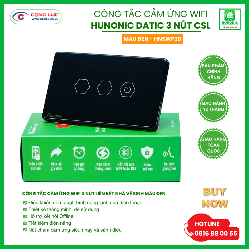 Công Tắc Wifi 3 Nút Liên Kết Nhà Vệ Sinh Thông Minh Màu Đen