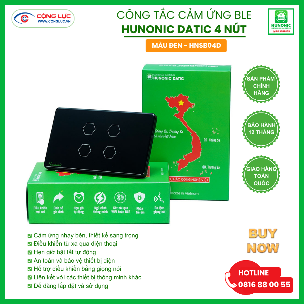 Công Tắc Cảm Ứng 4 Nút BLE Hunonic Datic Màu Đen