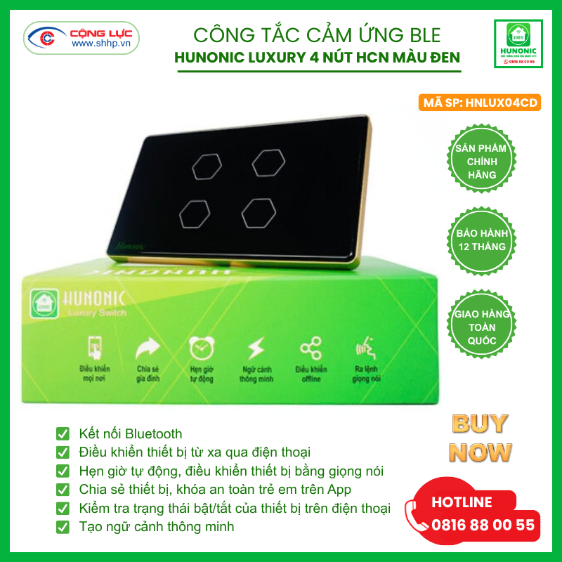 Công tắc Hunonic Luxury 4 nút hình chữ nhật màu đen