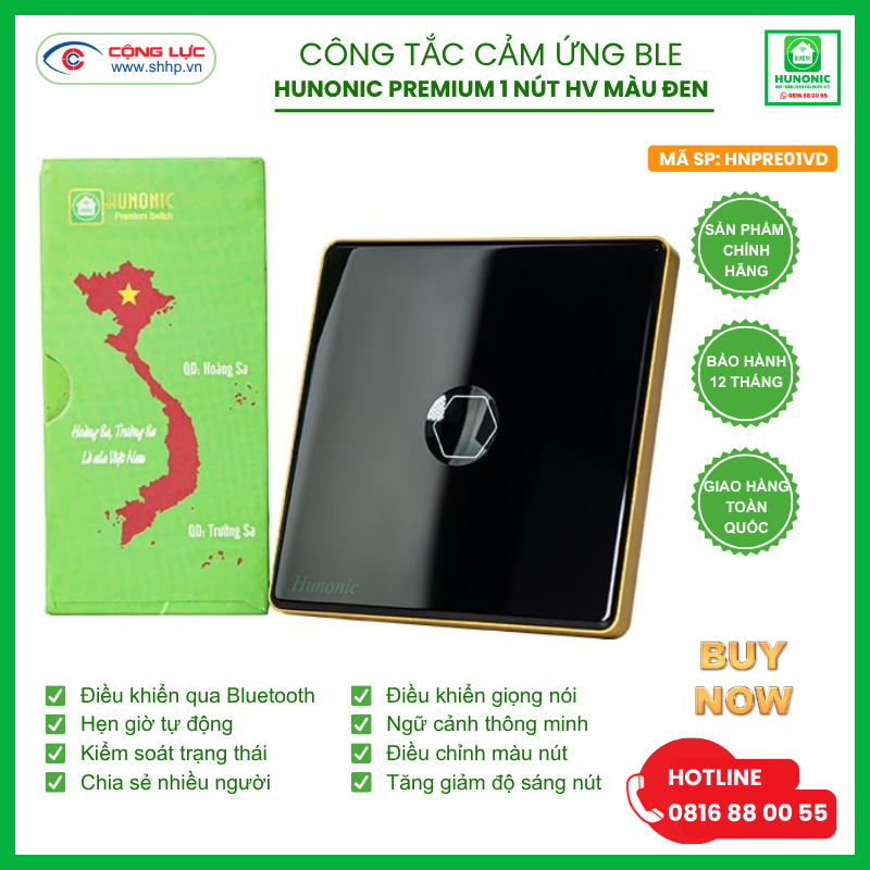 Công tắc Hunonic Premium 1 nút hình vuông màu đen