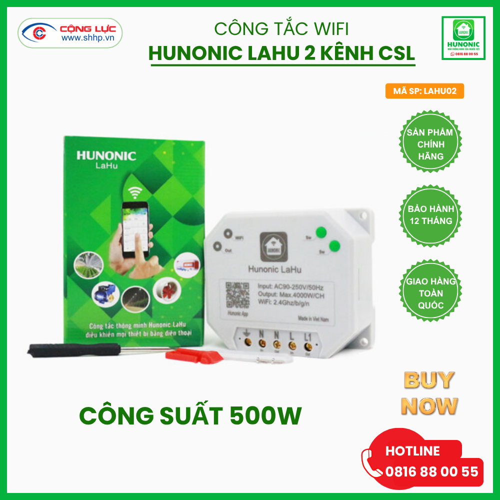 Công tắc Wifi Hunonic Lahu 2 kênh CSL