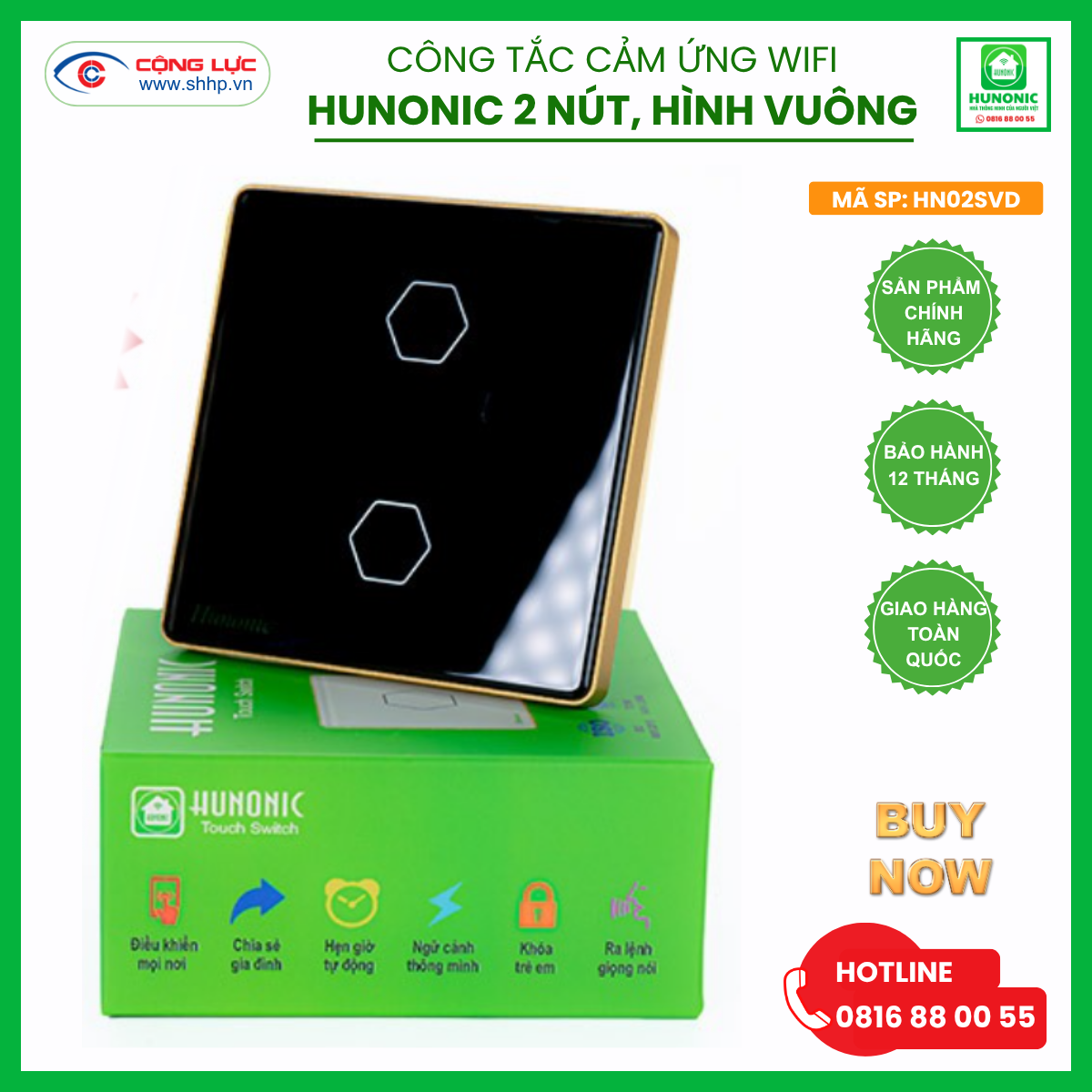 Công tắc Hunonic Wifi 2 nút hình vuông màu đen