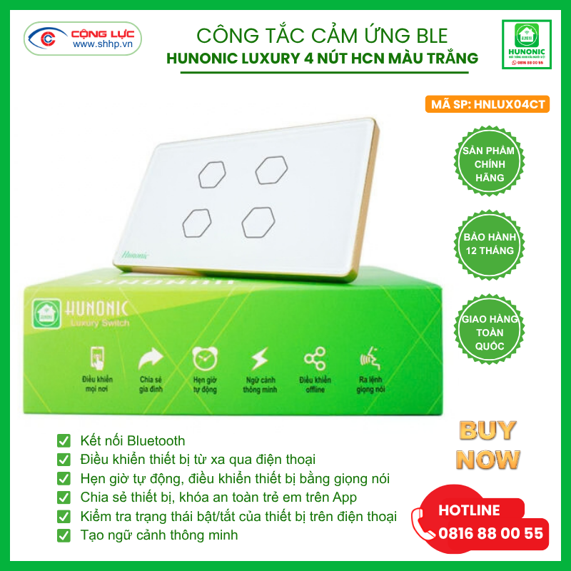 Công tắc Hunonic Luxury 4 nút hình chữ nhật màu trắng
