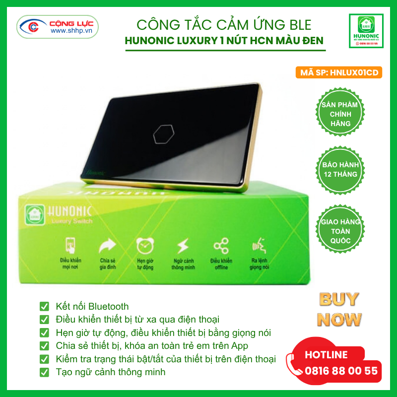 Công tắc Hunonic Luxury 1 nút hình chữ nhật màu đen