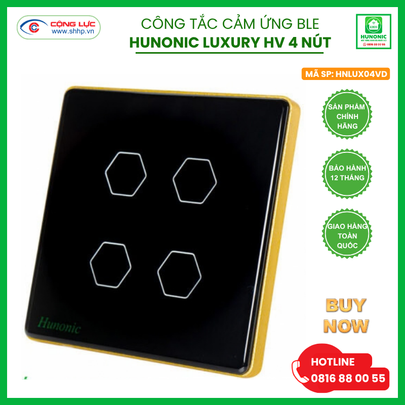 Công tắc Hunonic Luxury 4 nút hình vuông màu đen